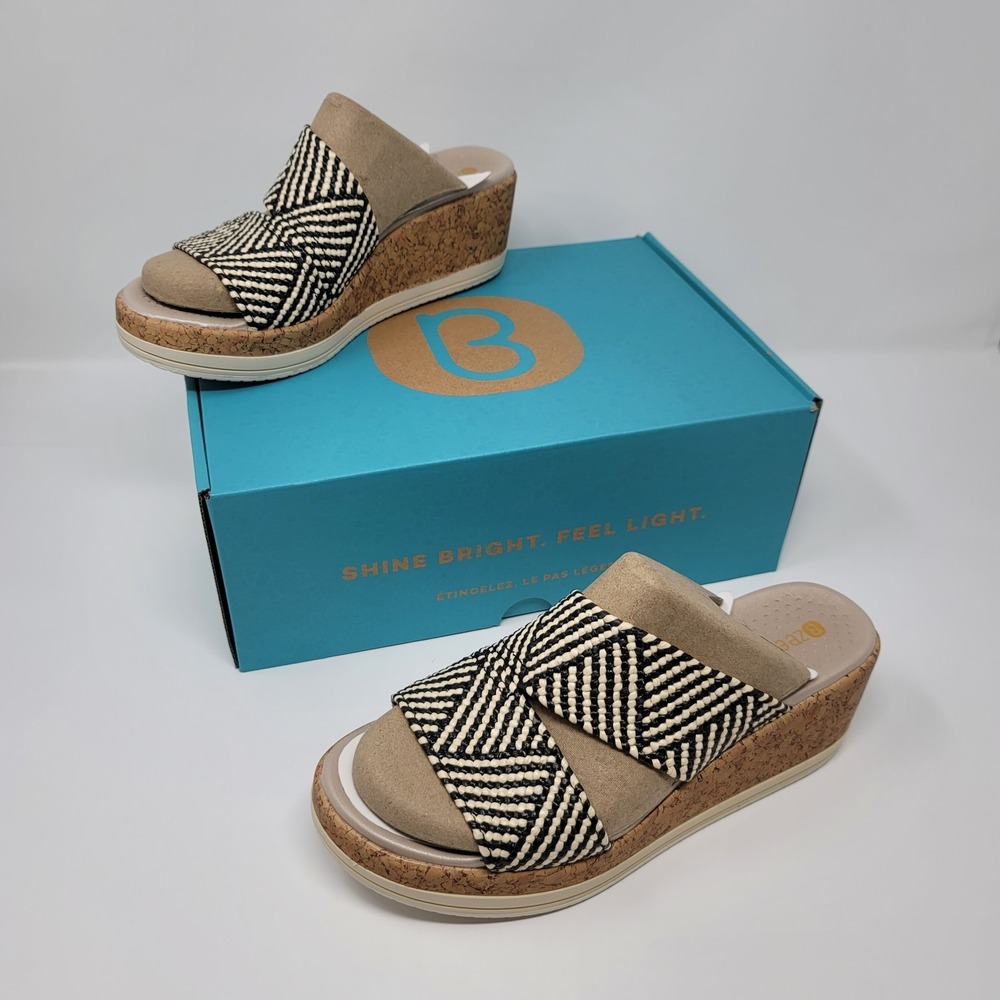 Bzees Riviera Washable Wedge Sandals Cork Raffia Natural Black Sz 7.5 Wide